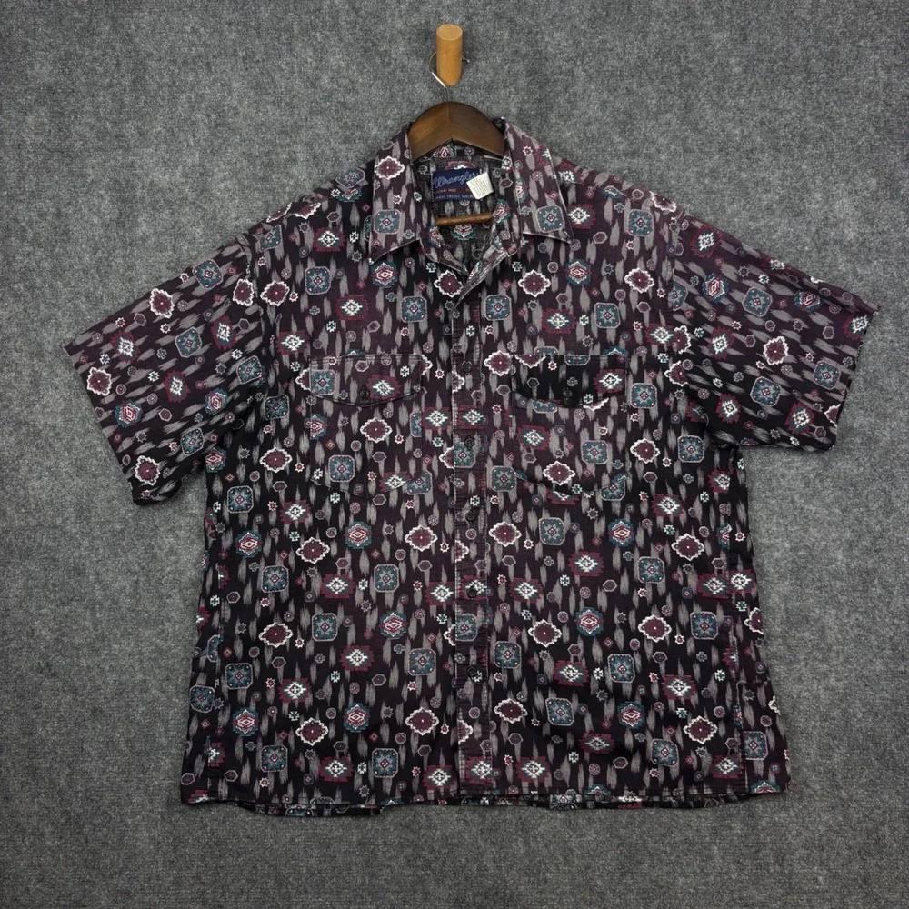 Wrangler Button Up Shirt Mens 17.5 Purple Southwestern Ikat Short Sleeve Cotton